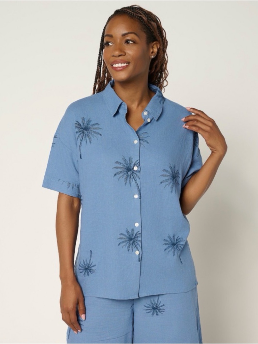 Peace Love World Boheme Linen Blend Printed Short Sleeve Shirt Sz 1X Chambray